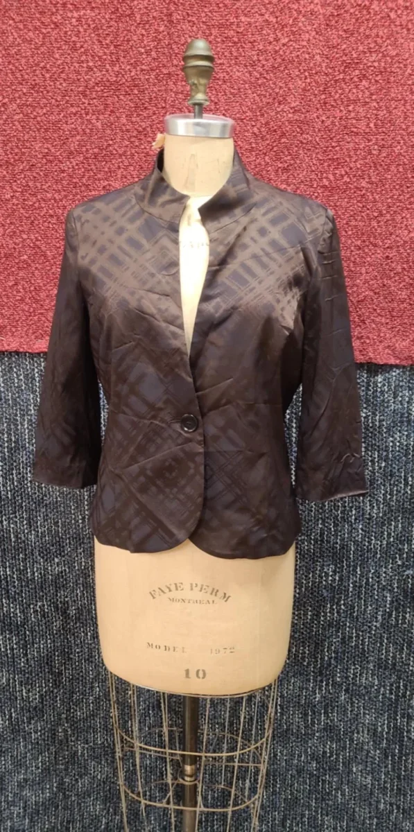 Veston crop satiné marron et noir – Image 2