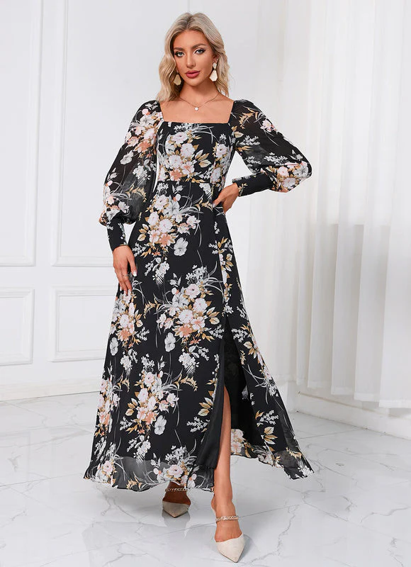 Robe Longue Fleurie Chic Noire – Image 3