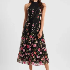 Robe Trapèze Florale Noire