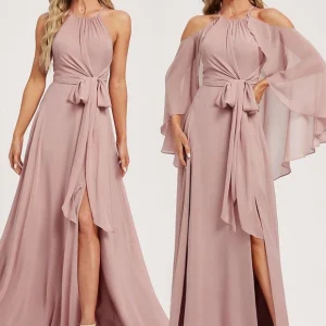 Robe Fluide Rose Poudré À Manches Cape