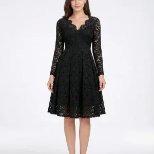 Robe Noire Luxe Dentelle Manches Longues
