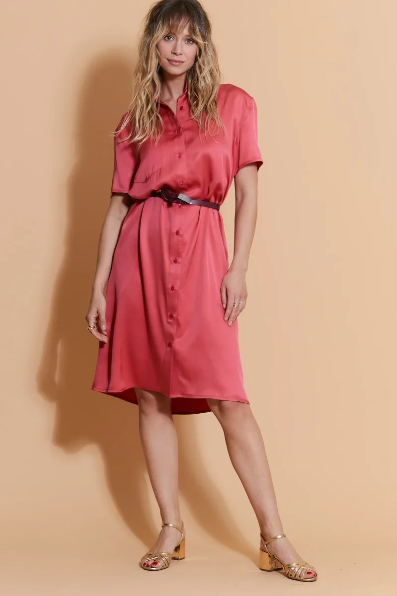 Robe Chemise Teya en Soie Rose Corail – Image 4