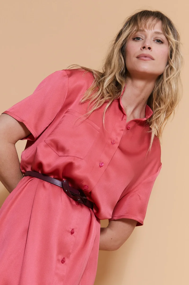 Robe Chemise Teya en Soie Rose Corail – Image 7