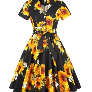 Robe Vintage Année 50 Champêtre Noir Et Jaune