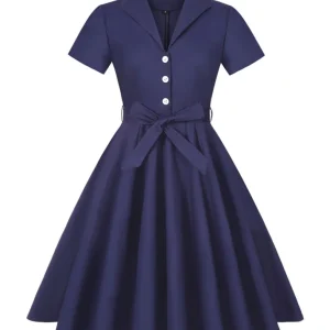 Robe Vintage Années 40 Unie Bleu